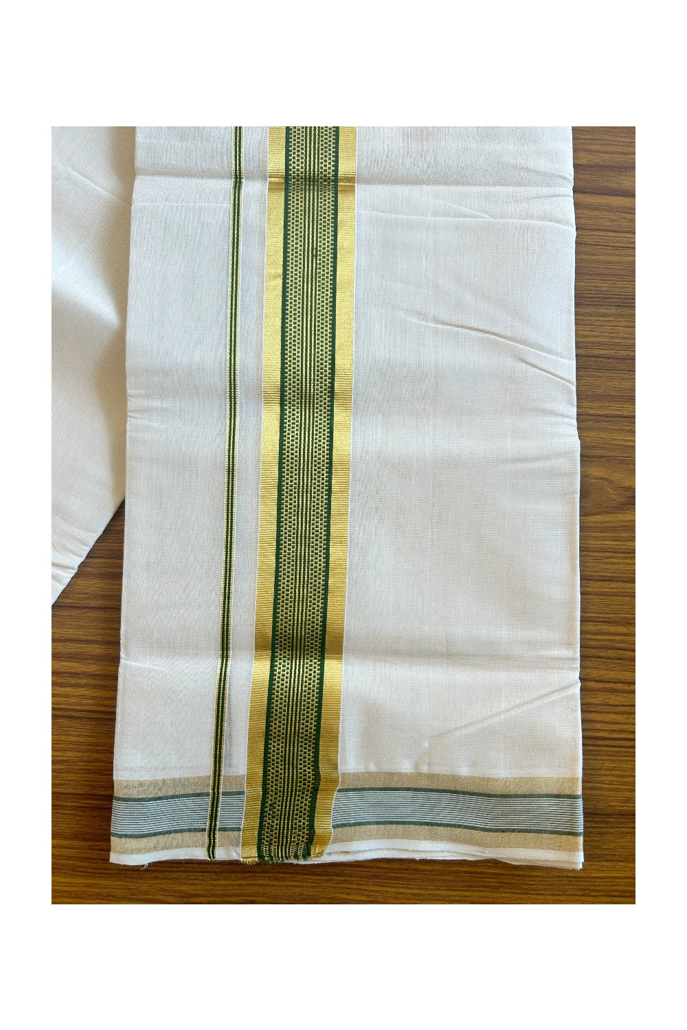 30% DISCOUNT!! KaithariKada HANDLOOM Millpaav Balaramapuram - 100% PURE Cotton OFF White - (Unbleached) Double Mundu/Dothi - 2.75 Inch Kasavu & Green striped pattern Kara - 14KK456KK