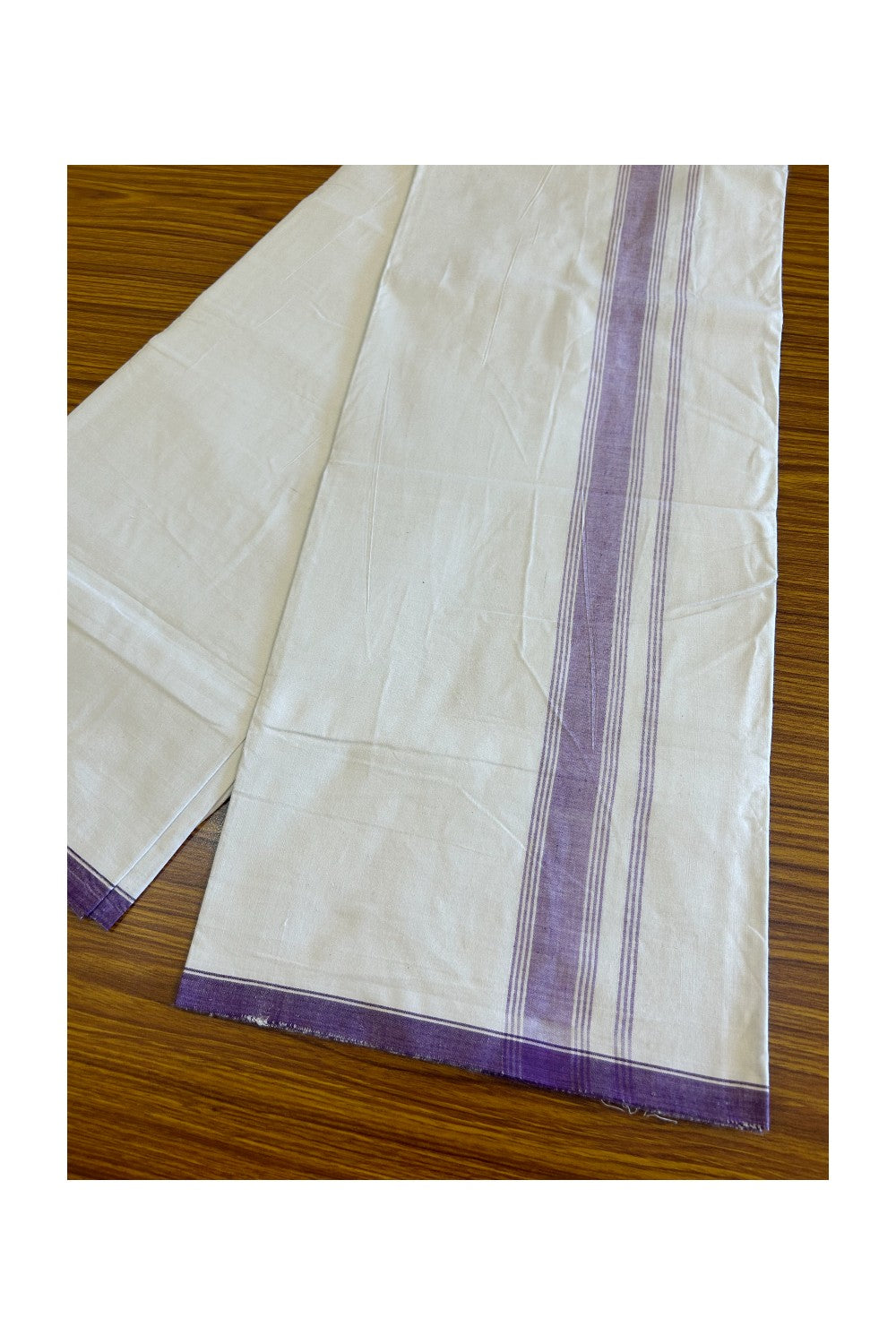 Ultimate HANDLOOM- 30% Discount! - Kaitharikada Kalamachal-Government Sealed HALLMARKED-100% PURE COTTON! (80x80) Twisted Thread- Light WHITE SINGLE Mundu / Dhoti - 2.25 inch Lavender Violet Striped Kara - 14KK478KAL