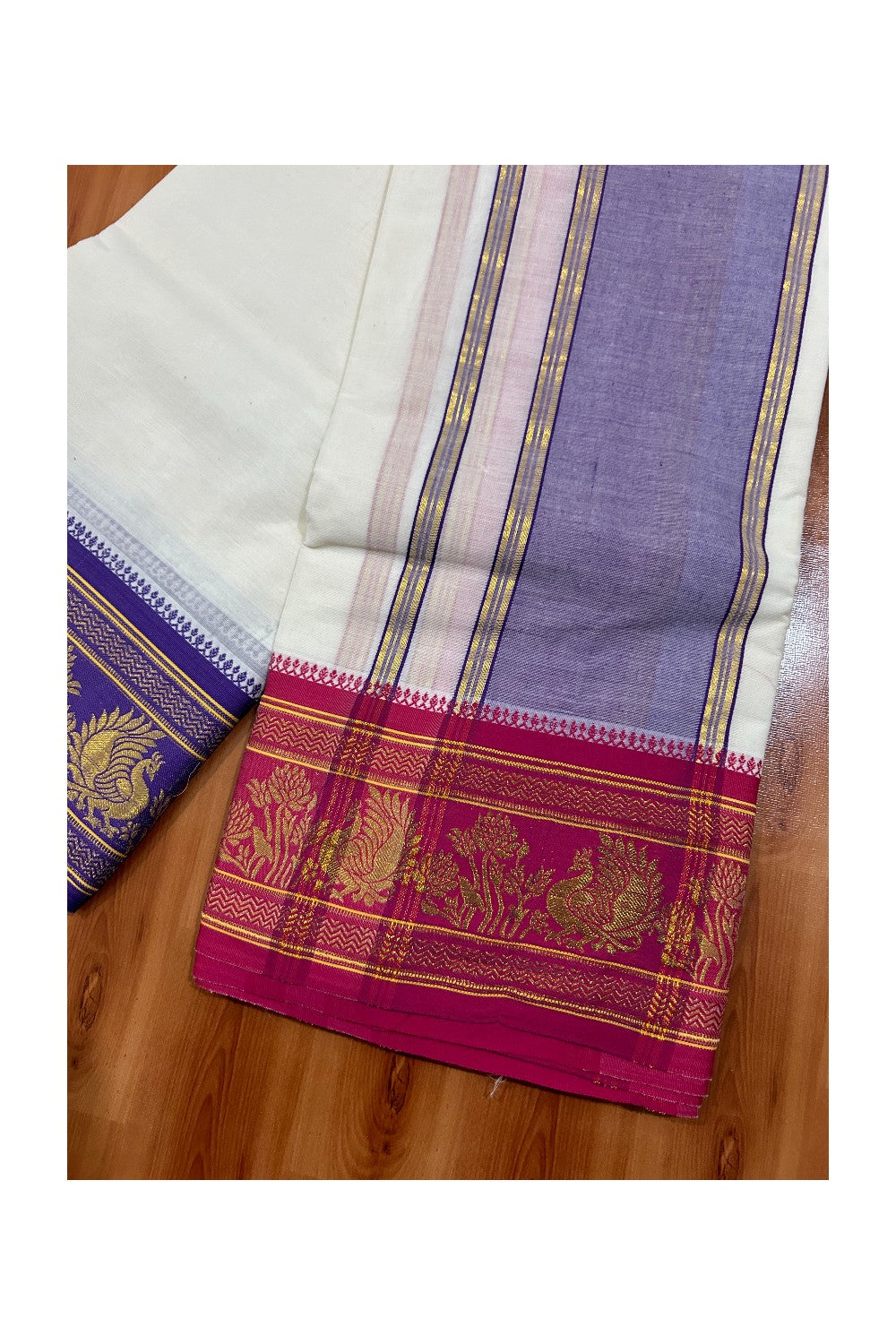Panchakacham Dhoti - 37% DISCOUNT! KaithariKada - Cotton Mix - Off White - (Unbleached) 80x80 thread - 80% Cotton & 20 % Polyester - NORTH INDIAN - ATTACHED GAMCHA 9X5 Dhoti 6.5 inch Violet kara with Magenta & Violet Kasavu border - 14KK5005PMC