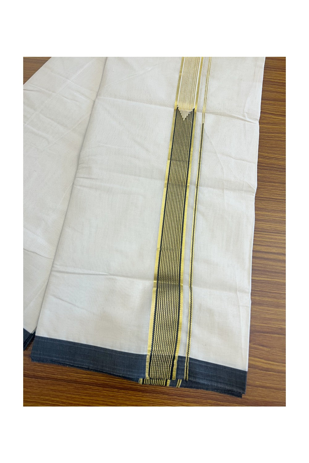 20% Discount! KaithariKada Balaramapuram 100% Cotton Double Off white - (Unbleached) Mundu/Dhoti-100x100 Chutty Heavy Designer Black & Kasavu 1.5 inch Kara- 151123ASH020.