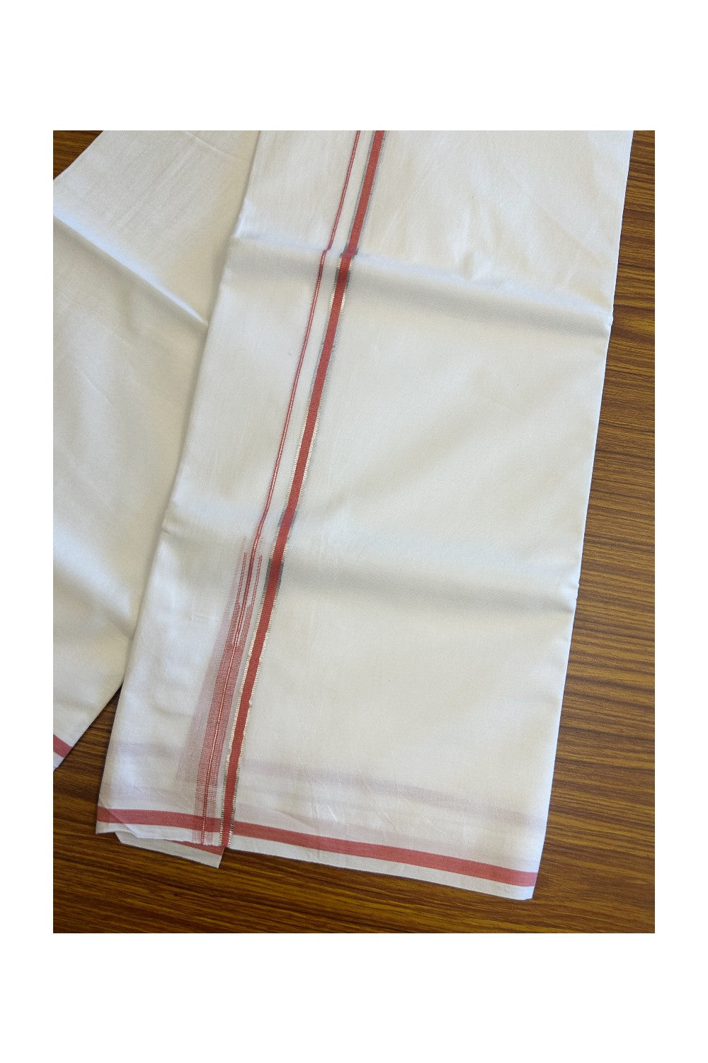 15% Discount !! KaithariKada Balaramapuram 100% Cotton PURE WHITE Double Mundu/Dhoti-100x100 - 1 cm Puliyilakkara Silver Kasavu & Peach Chutty Kara - 14KK5066KK