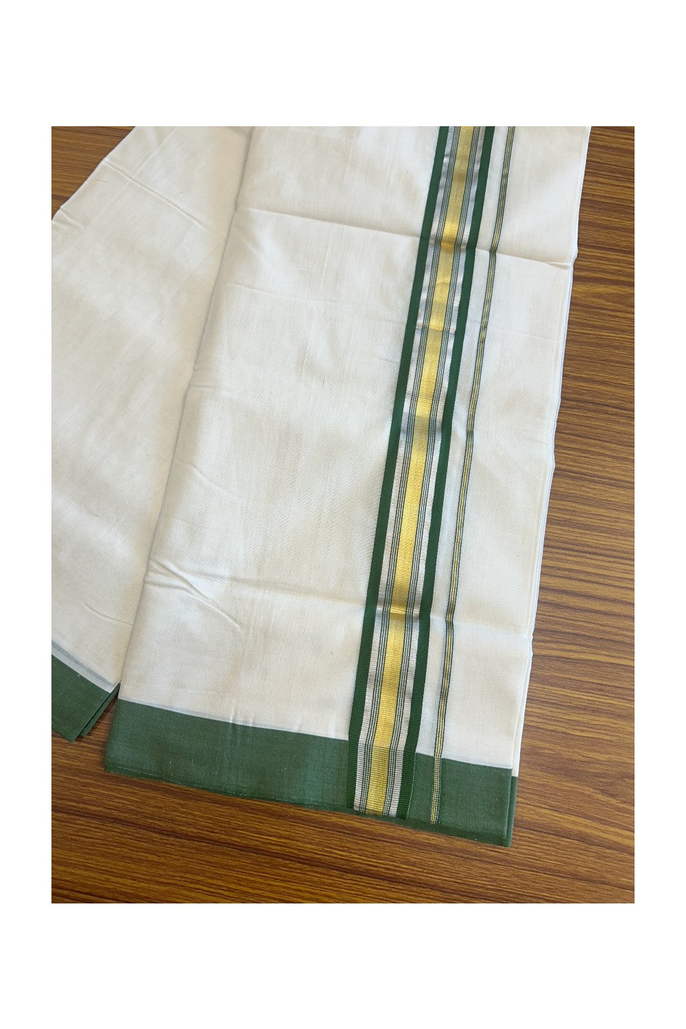 25% Discount KaithariKada HANDLOOM Unakkupaav Balaramapuram - 100% PURE Cotton Off White (Unbleached) - 100x100 Double Mundu/Dhoti - 2.25 inch Gold & Silver Kasavu Green Stripes Kara- 216