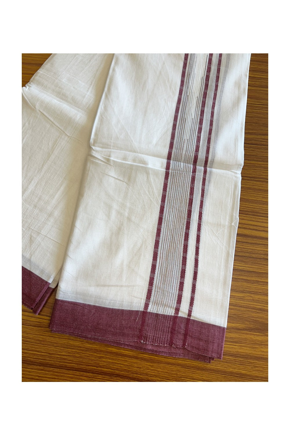 20% DISCOUNT!! KaithariKada Balaramapuram 100% Cotton PURE WHITE Double Mundu/Dhoti - 100x80 - 1.5 inch Wine Purple striped Design kara - 14KK5109THI