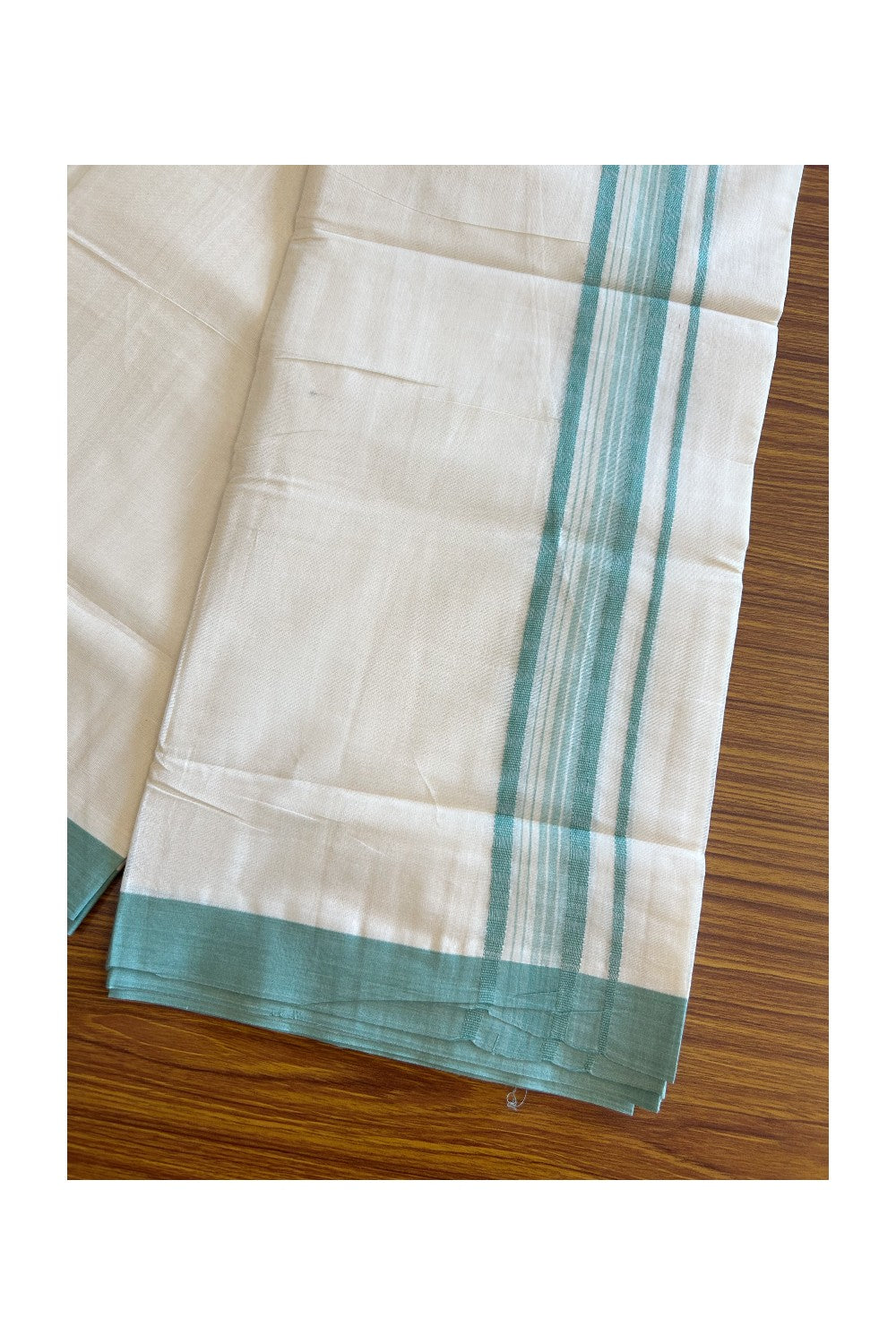 19% DISCOUNT! KaithariKada Balaramapuram 100% Cotton Off white (Unbleached) Double Mundu/Dhoti-100x100 1.75inch Blue Green Striped Design kara - 14KK5110THI