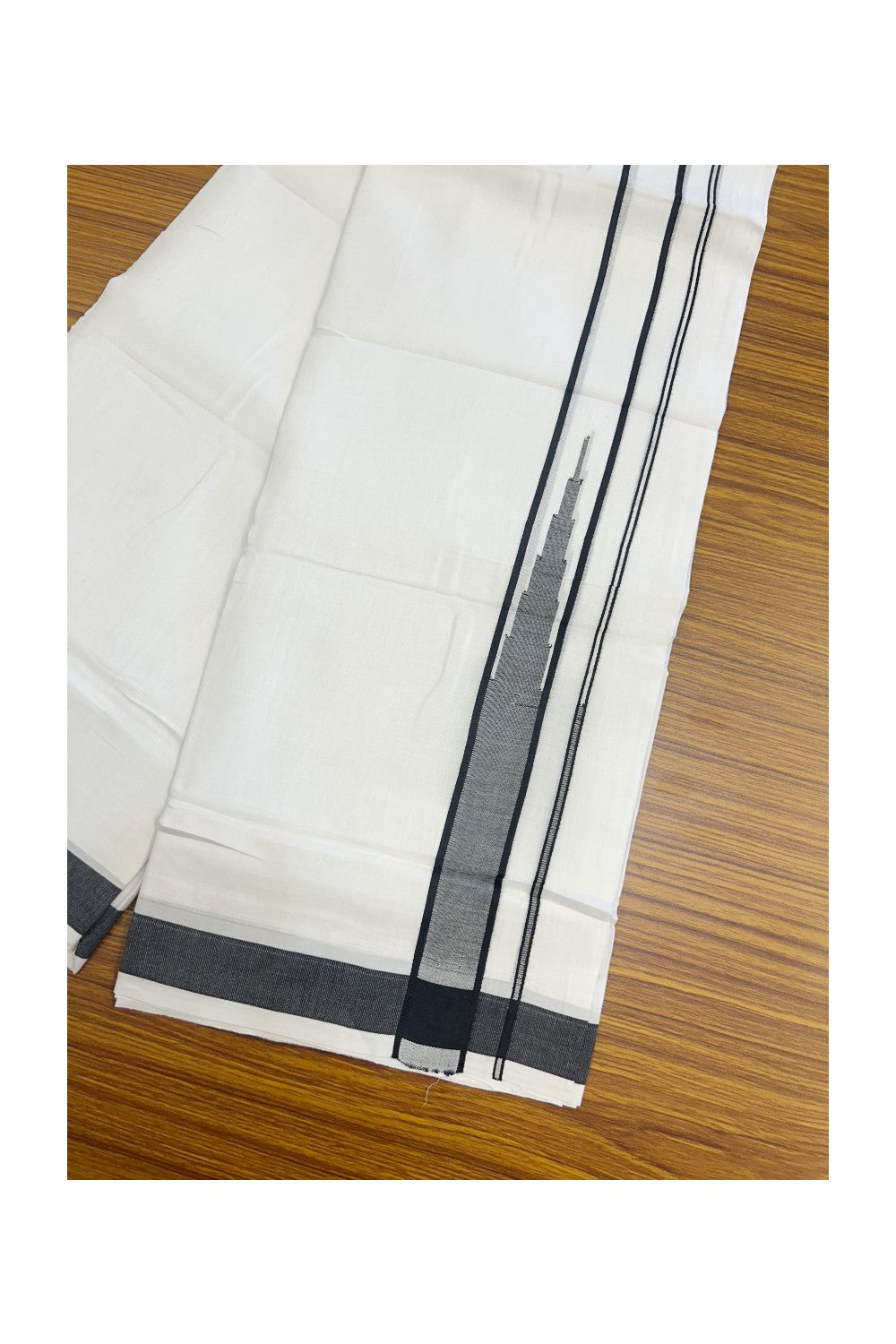 25% DISCOUNT! KaithariKada Balaramapuram 100% Mercerised Cotton Double ULTRA PURE white Mundu/Dhoti - 120x120 - 1.5 inch Heavy Chutty Black Shaded Kara - 14KK5139THI