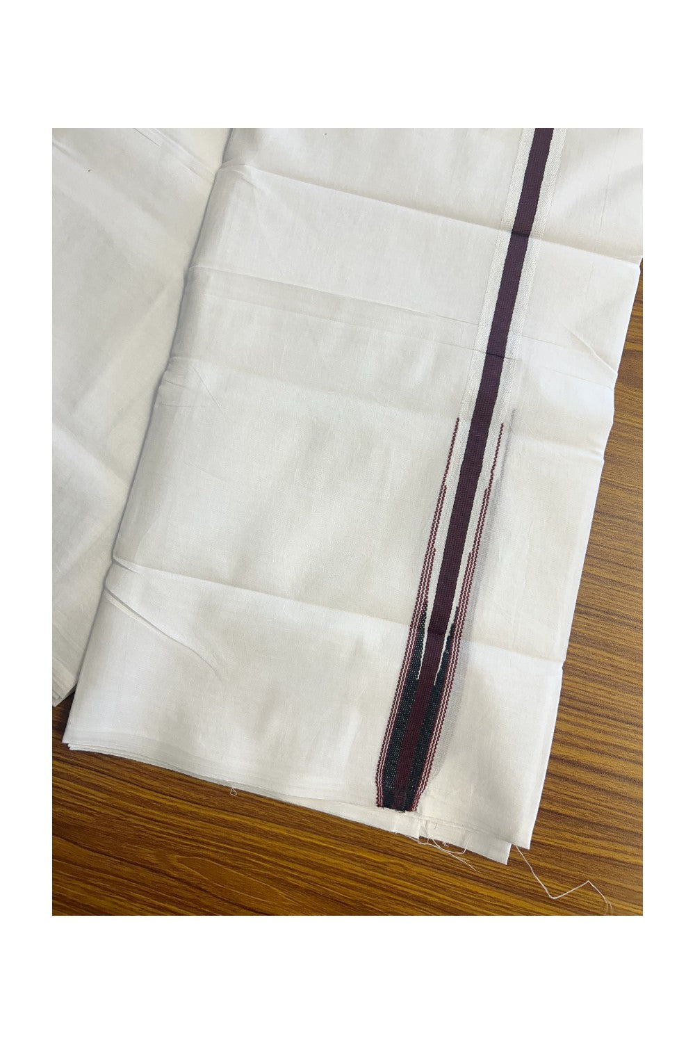 Short Dhoti Special! Kaitharikada.com - 20% Discount! Balaramapuram Double Pure White Mundu/Dhoti - 100X100 - 1 inch Kara & 48 inches Height Puliyilakkara Dark Maroon & Black Striped Chutty Kara - 4 Mtr - 5 KK5286 KAI