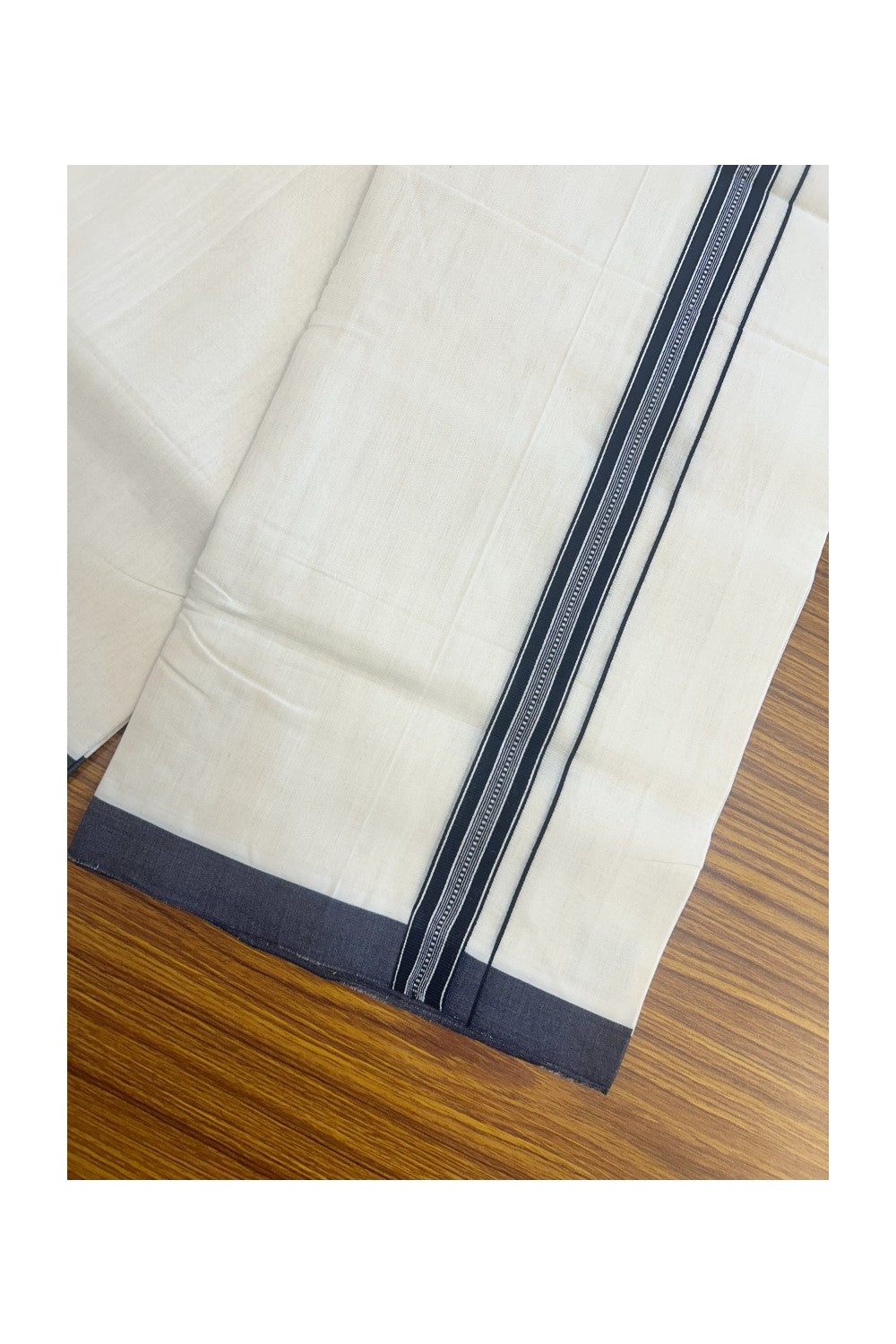 25% DISCOUNT!! KaithariKada HANDLOOM UNAKKUPAAV Balaramapuram - 100% PURE Cotton OFF White - (Unbleached) Double Mundu/Dothi - 80x100 - 1 inch Navy Blue & White pattern kara 3.80 meter (8.5 Muzham) - 14KK5167REA