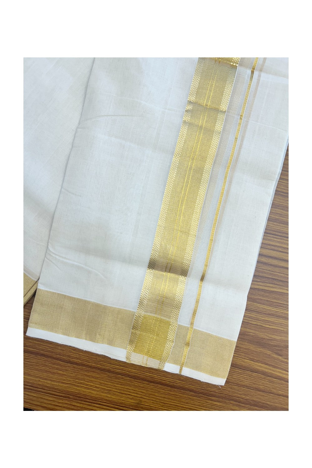 25% DISCOUNT!! KaithariKada HANDLOOM MILLPAAV Balaramapuram - 100% PURE Cotton OFF White - (Unbleached) Double Mundu/Dothi - 2 inch Gold Kasavu design Striped kara - 5KK5170RAM
