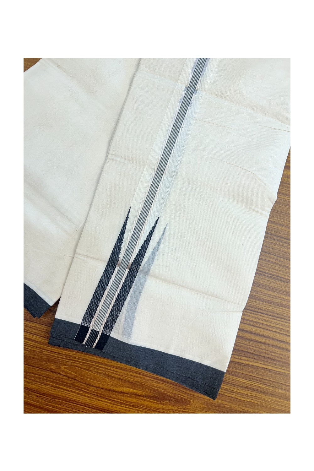 15% DISCOUNT ! KaithariKada Balaramapuram 100% Cotton DOUBLE OFF WHITE Mundu/Dhoti (Unbleached) - 100X80 - 1.5 inch Puliyilakkara BLACK SILVER Big chutty - 14KK5171GAN