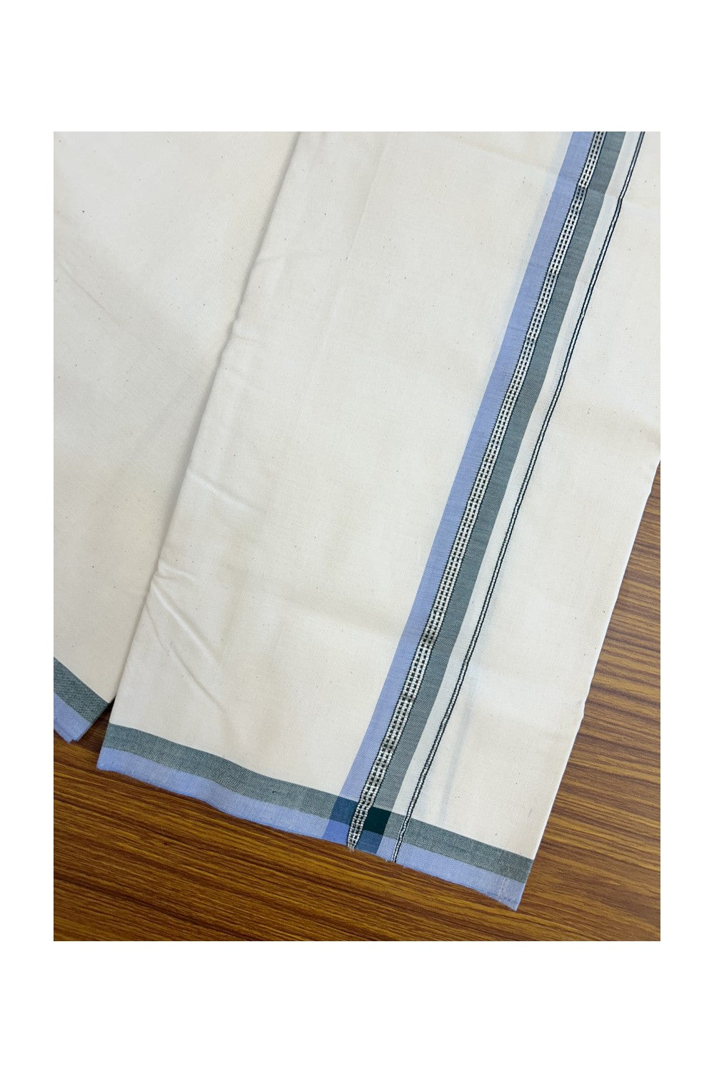 25%DISCOUNT!! SIGNATURE KAITHARIKADA EXCLUSIVE SINGLE DHOTI - 100% Cotton Balaramapuram HANDLOOM Single Mundu/Dhoti - Off White - (Unbleached) 1.25 inch Green Lavender & Silver Kasavu Striped Kara (2 meter / 4 muzham)- 14KK5173KAI
