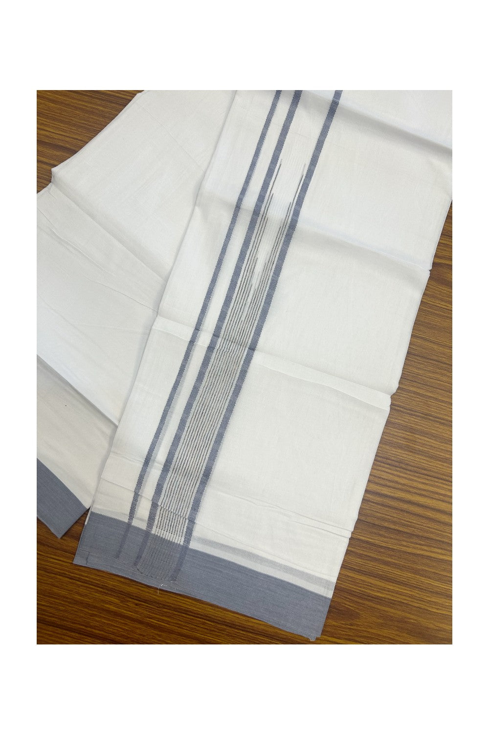 20% DISCOUNT! KaithariKada Balaramapuram DOUBLE PURE WHITE 100% Cotton Mundu/Dhoti - 100x80 - 1.5 inch Ash Blue Putta Design Chutty Kara - 14KK5174THI