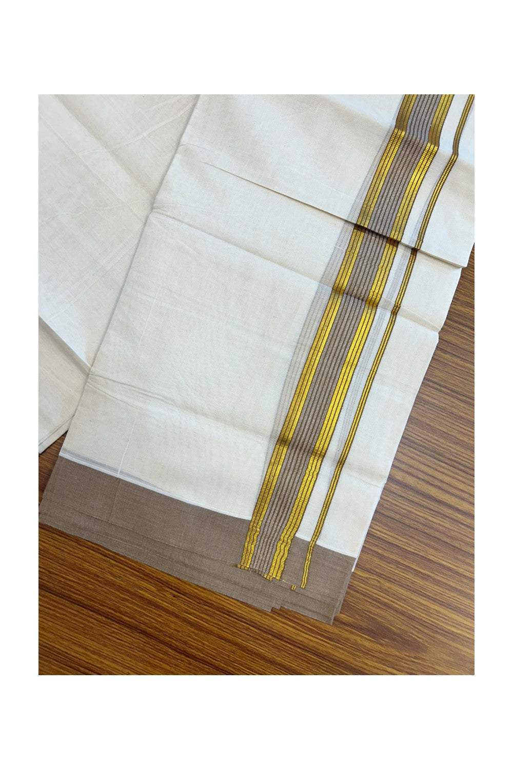 20% DISCOUNT! KaithariKada Balaramapuram Double OFF WHITE Mundu/Dhoti - 80x80 - 1.5 Inch Gold Kasavu & Coffee Brown Shaded striped Kara - 14KK5182VAS