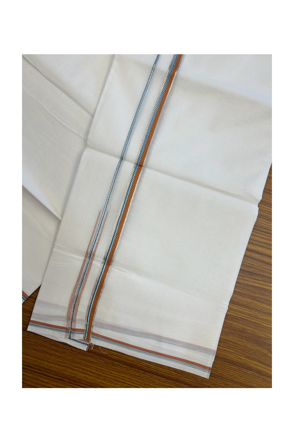 20% Discount !! Kaitharikada Balaramapuram 100% Cotton PURE WHITE DOUBLE Mundu/Dothi- 100X80 Thread - 0.5 inch - Silver Kasavu Orange & Cyan Design Chutty Kara - 14KK5184RAMS