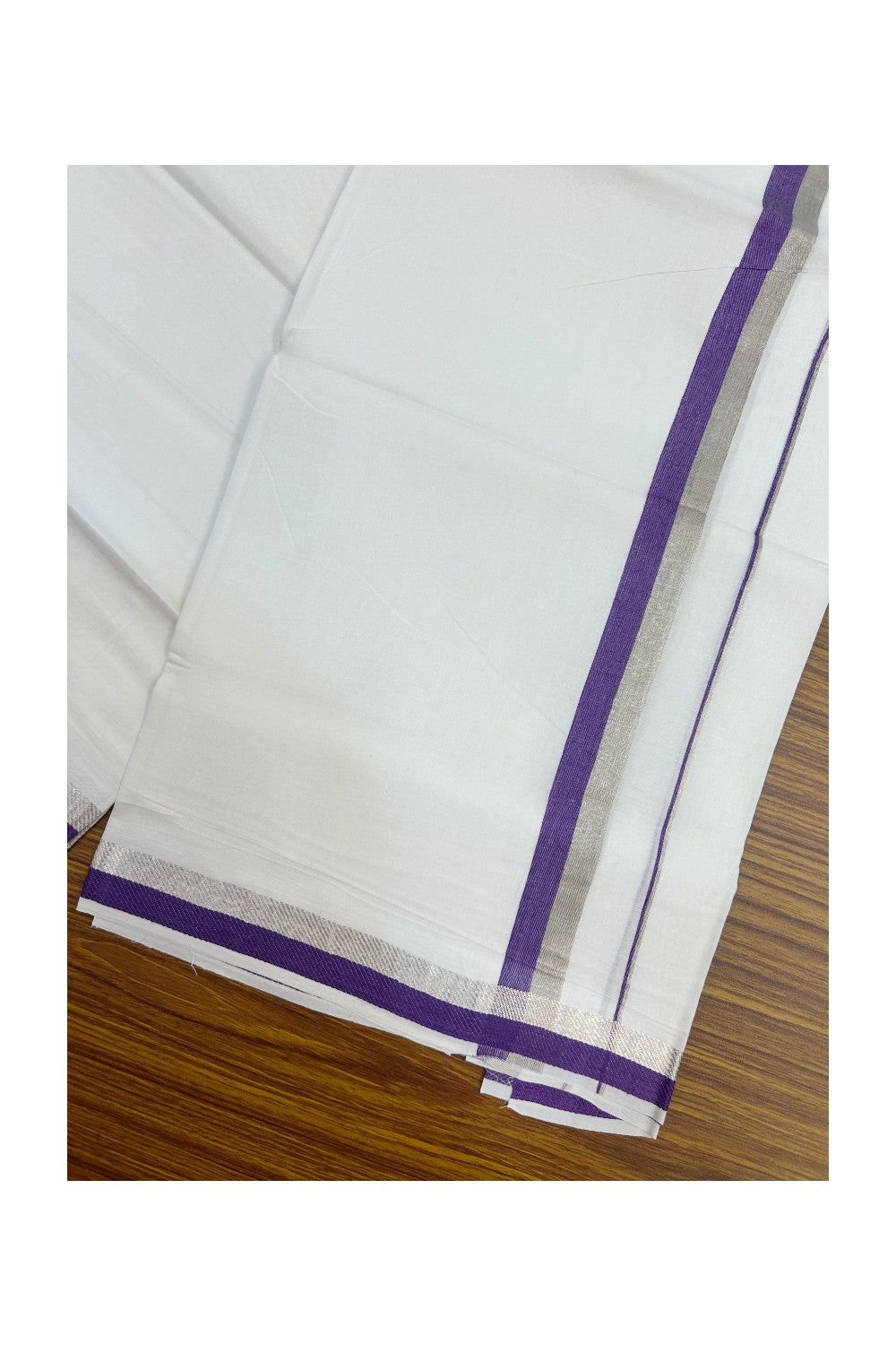 20% Discount !! Kaitharikada Balaramapuram 100% Cotton PURE WHITE Double Mundu/Dothi - 100x100 - 1 inch Silver Kasavu & Violet Kara - 14KK5191CKS