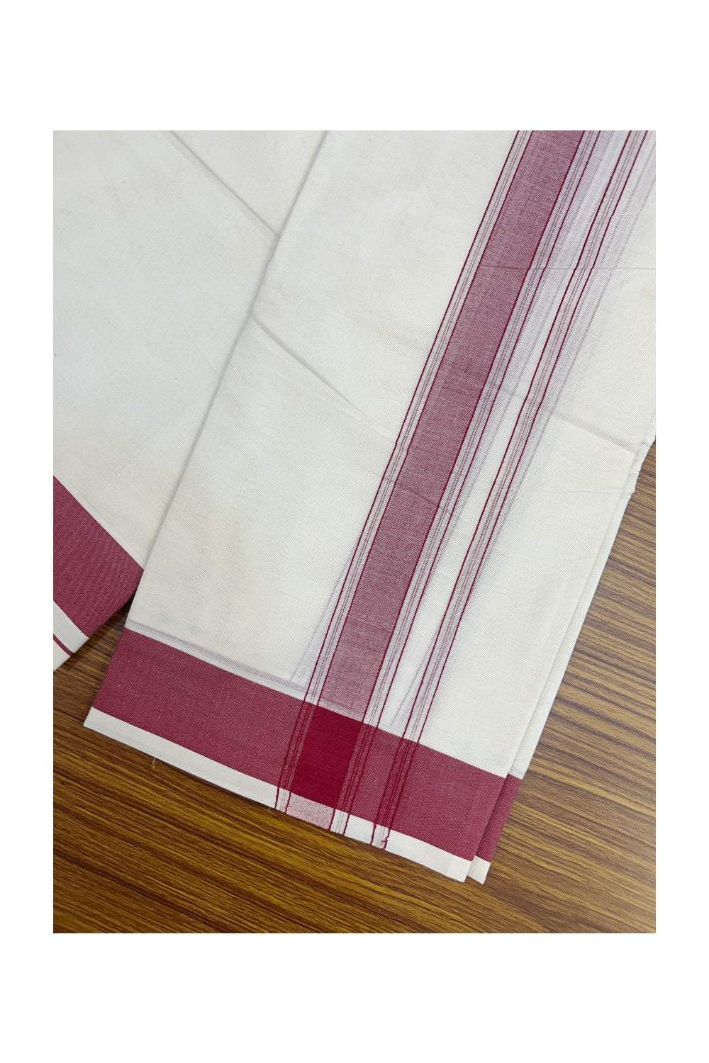 Panchakacham Dhoti - 20% DISCOUNT! KaithariKada 100% Cotton Off White - (Unbleached) - Pure Cotton -100x100 thread - NORTH INDIAN - ATTACHED GAMCHA 9X5 Dhoti Maroon Striped 1.5 inch Kara- 14KK5196PMC