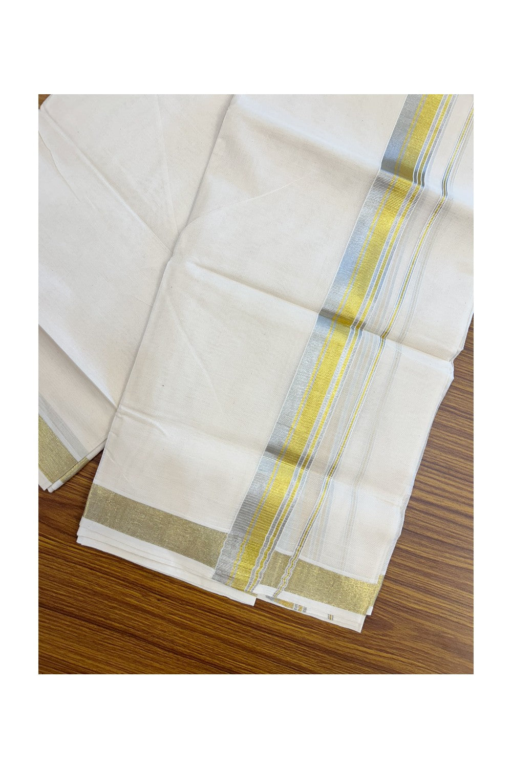 20% DISCOUNT ! KaithariKada Balaramapuram - 100% PURE Cotton Off White - (Unbleached) Double Mundu/Dhoti - 100X80 - 1.5 inch Gold Kasavu & Silver Kasavu Striped Kara - 14KK5212 VIN
