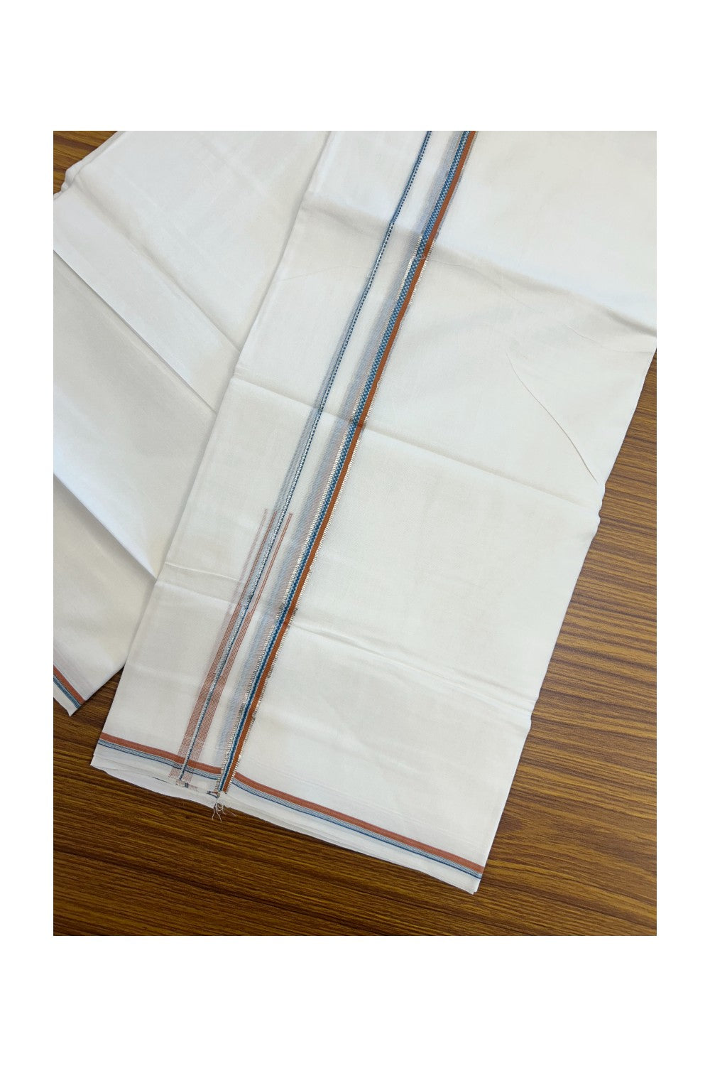 20% Discount !! Kaitharikada Balaramapuram 100% Cotton PURE WHITE DOUBLE Mundu/Dothi- 100X80 - 0.25 inch Silver Kasavu Light Orange & Blue Green Design Chutty Kara - 14KK5217 CKS