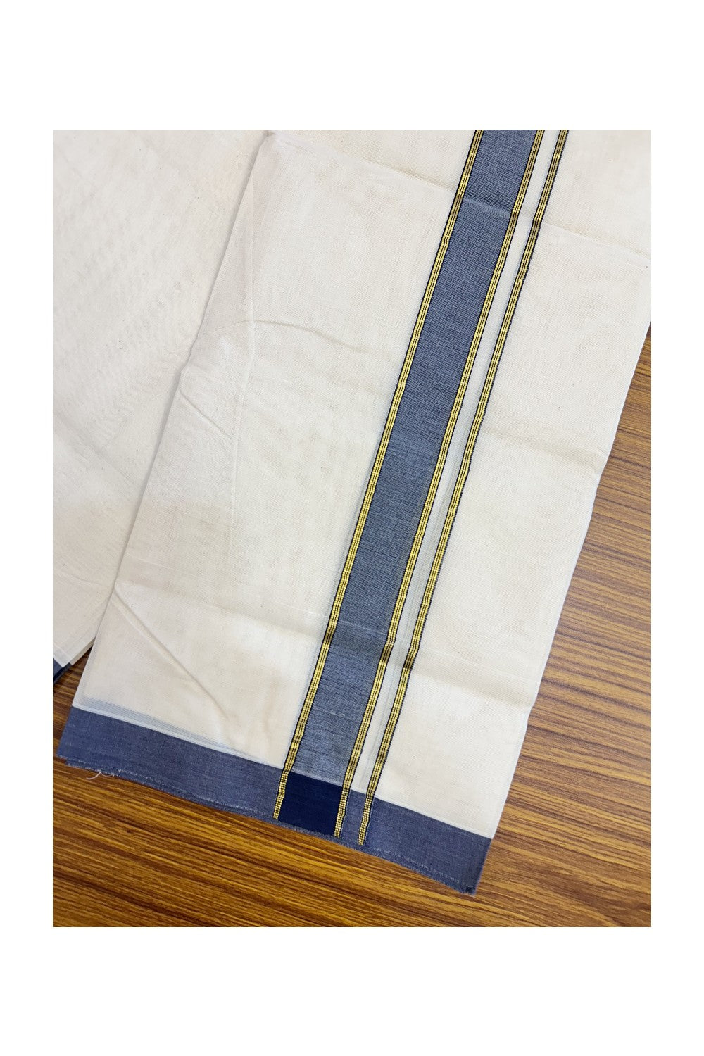 NEW !! 20% DISCOUNT!! KaithariKada Balaramapuram 100% Cotton Double Off white - (Unbleached) Mundu/Dhoti-100x80 - 1.5 inch Gold Kasavu & Blue Shaded Striped KARA - 3.75 mtr (8 Muzham) - 14KK5218 ASH