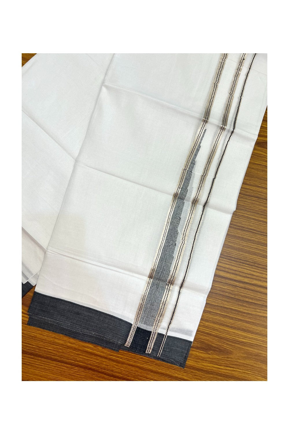 20% Discount ! Kaitharikada Balaramapuram 100% Cotton PURE WHITE DOUBLE Mundu/Dothi - 100x100 - 1.25 inch Puliyilakkara Black & Silver Kasav Stripes Chutty Kara 4 mtr (8.5 muzham) - 14KK5221 GAN