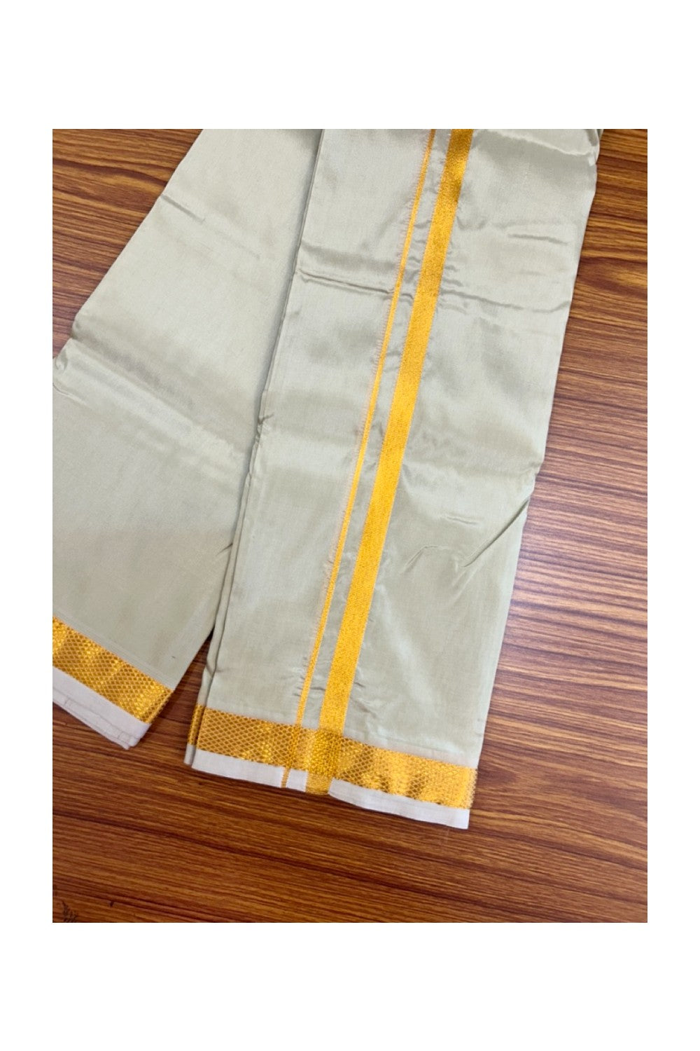 12% Discount!! KaithariKada Balaramapuram 100% Silk Double Mundu/Dhoti - Olive Green Colour Body - 0.5 inch Gold Kasavu Kara 3.60 mtr (8 muzham) - 14KK5222 GAN