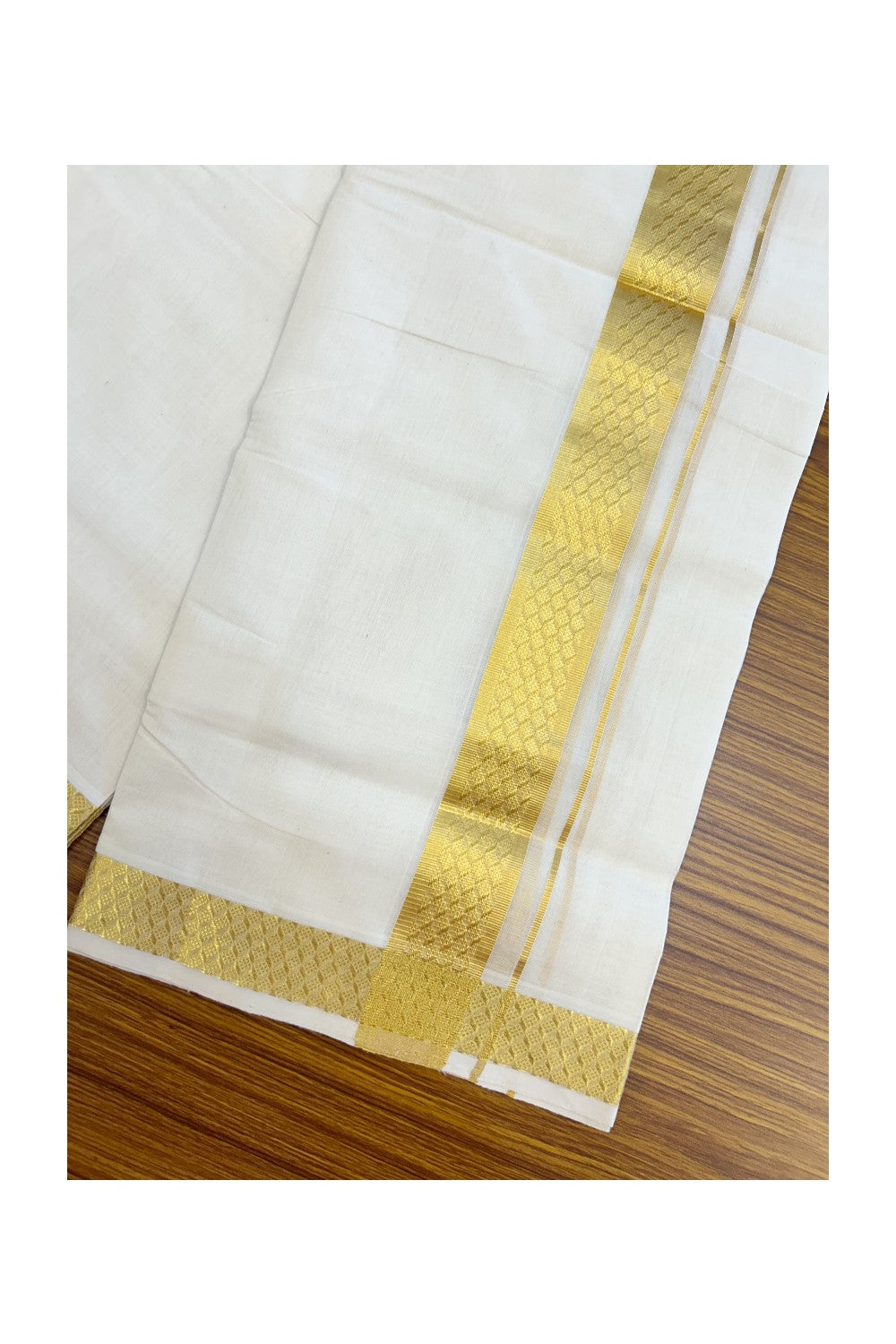 25% DISCOUNT ! KaithariKada HANDLOOM Unakkupaav Balaramapuram - 100% PURE Cotton OFF WHITE - (Unbleached) Double Mundu/Dhoti - 100x80 - 1.75 inch Gold Kasavu Jacquard Design Kara 4 mtr (8.5 Muzham) - 13KK5231 ABH