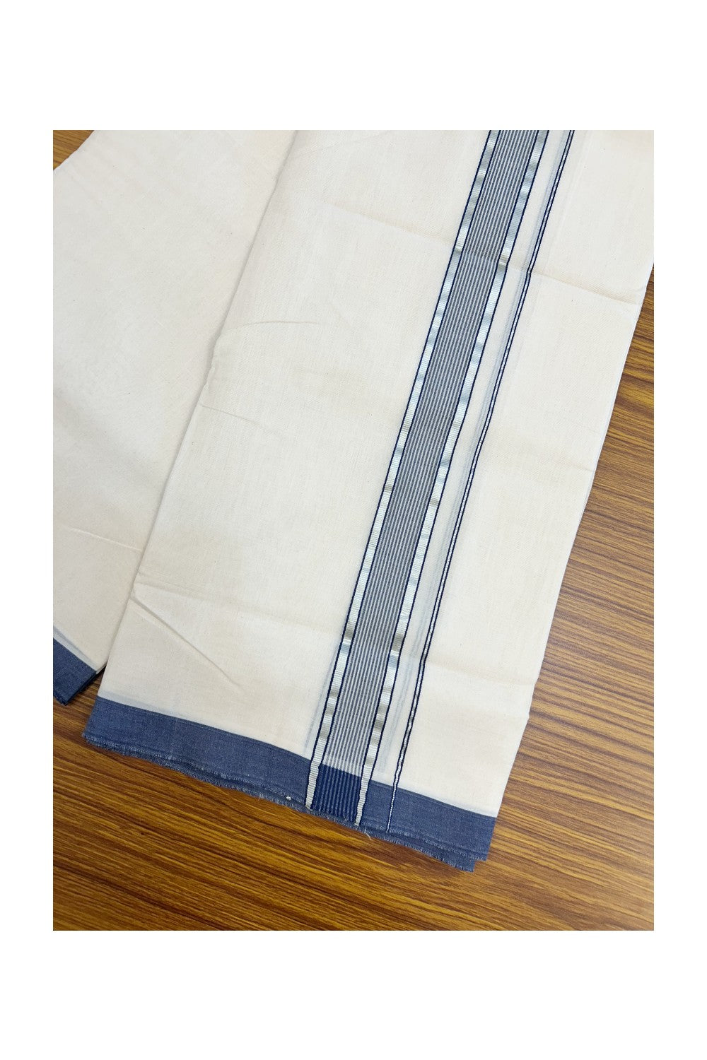 25% DISCOUNT!! KaithariKada HANDLOOM Millpaav Balaramapuram - 100% PURE Cotton OFF White Double (Unbleached) Mundu/Dothi - 80x90 - 1.5 Inch Silver Kasavu & Navy Blue Stripes Kara 4 mtr (8.5 muzham) - 14KK5234 RAM