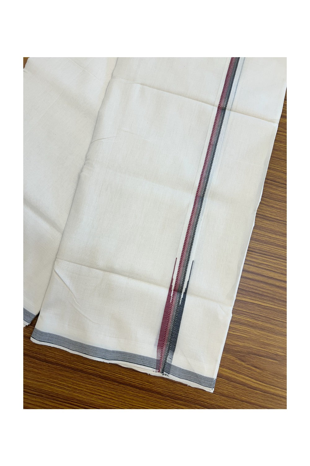 25% Discount! KaithariKada HANDLOOM UNAKKUPAAV Balaramapuram - 100% PURE Cotton OFF WHITE (Unbleached) Double Mundu/Dhoti - 80x90 - 1 inch Silver kasavu striped Black & Red chutty 4 Mtr (8.5 Muzham) - 14KK5235 YAR