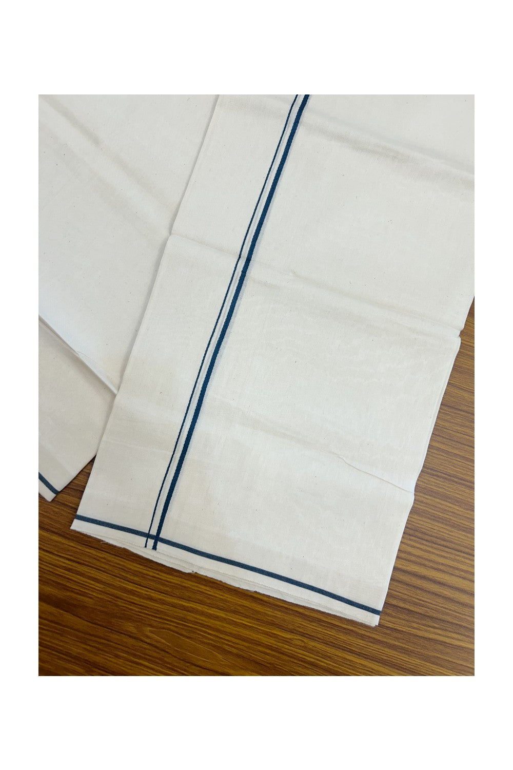 24% Discount !! KaithariKada Balaramapuram 100% Cotton Off White (Unbleached) Single Mundu/Dhoti - Twisted 60s Thread - 0.5 cm Peacock Blue Kara (2 meter / 4 muzham) - 13KK5236 GL