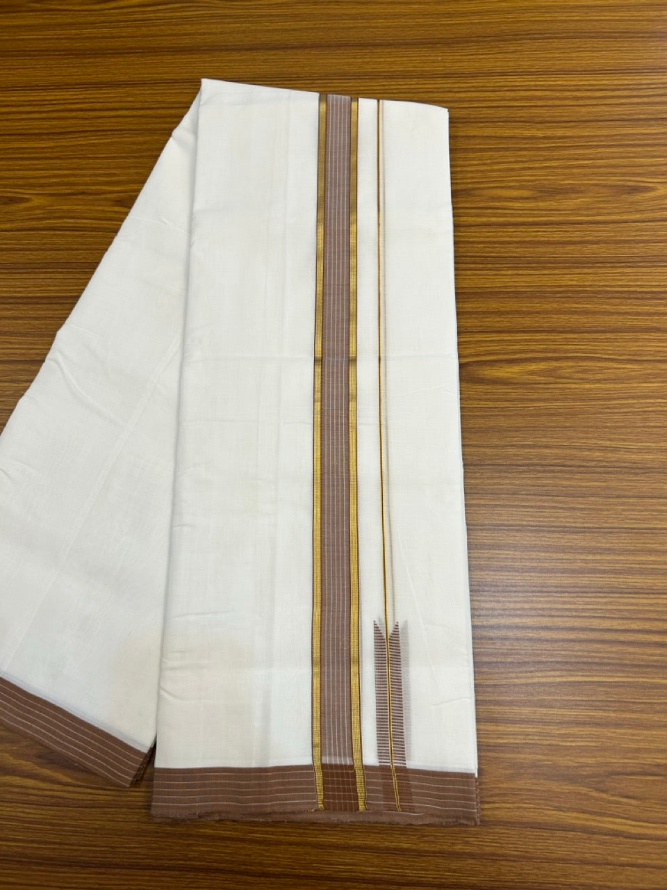 25% Discount!! NEW ULTRA PURE WHITE THREAD HANDLOOM Balaramapuram - 100% MERCERISED Cotton Double Mundu/Dhoti - 120 twisted warp x 80s weft - Brown White Stripes Gold Kasav Chutty Kara- 14KK5248 REA