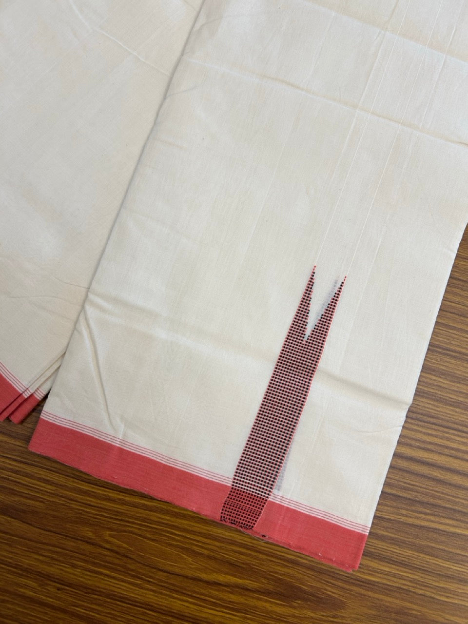25% DISCOUNT!! KaithariKada HANDLOOM UNAKKUPAAV Balaramapuram - 100% PURE Cotton OFF White - (Unbleached) Double Mundu/Dothi - 100 x 80 - Black Pink Red Chutty Kara - 3.80 meter (8.5 mulam) - 14 KK5249 REA