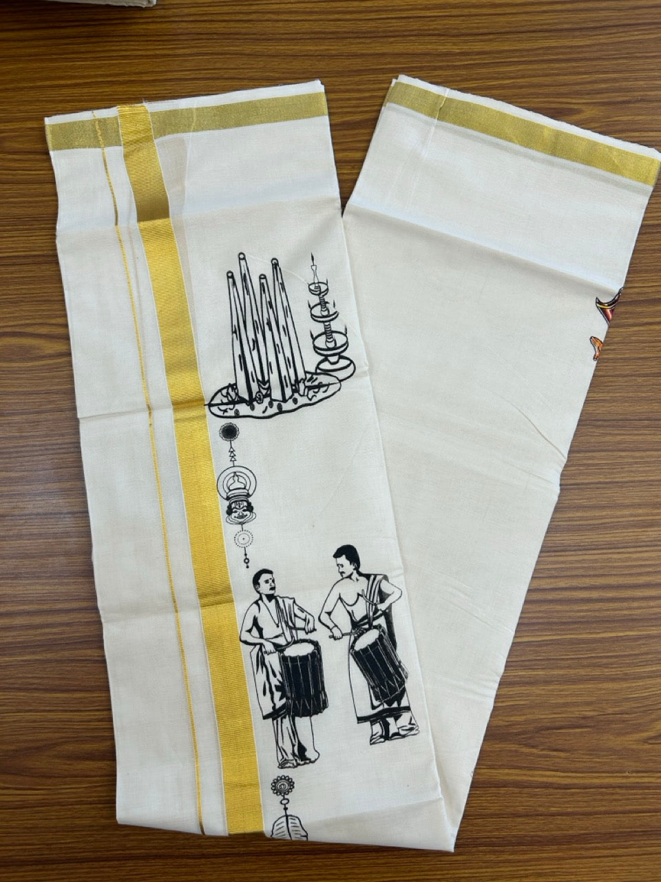 25% Discount!! KaithariKada Balaramapuram Pure Cotton Double Off white - (Ubleached) Mundu/Dhoti - 80x72 - 1 inch Kasavu & Maveli Chenda Pulikkali Printed Design Kara - 14 KK5262 MUT