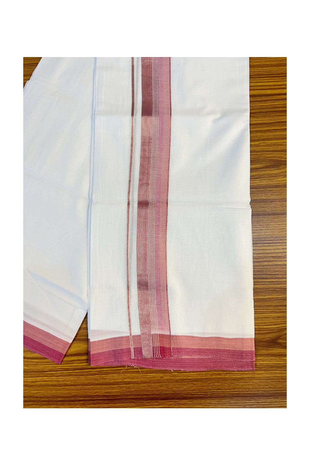 21% DISCOUNT!! Kaitharikada Balaramapuram 100% Cotton PURE WHITE Double Mundu/Dothi-100x80 2.25 Inch Pink & silver striped Cotton Kara -14KK63VIN