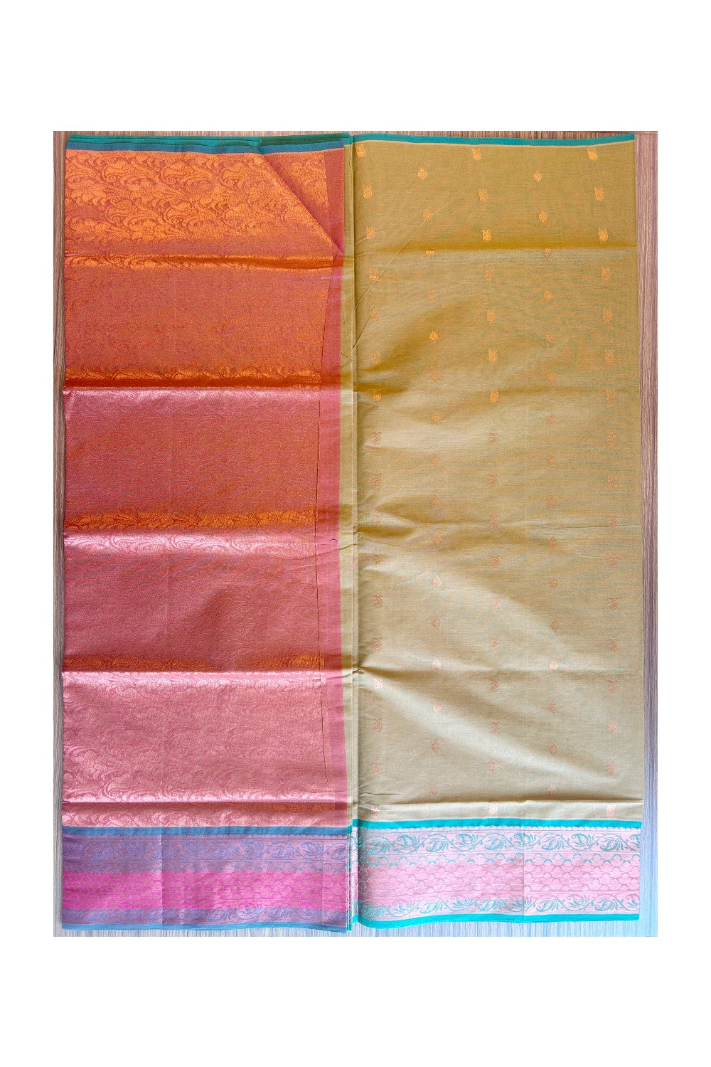 KaithariKada- Balaramapuram Saree - 100% PURE Cotton Silk - Mustard Yellow ,Red,Green & Orange Flower Design -14KK1005PAN.