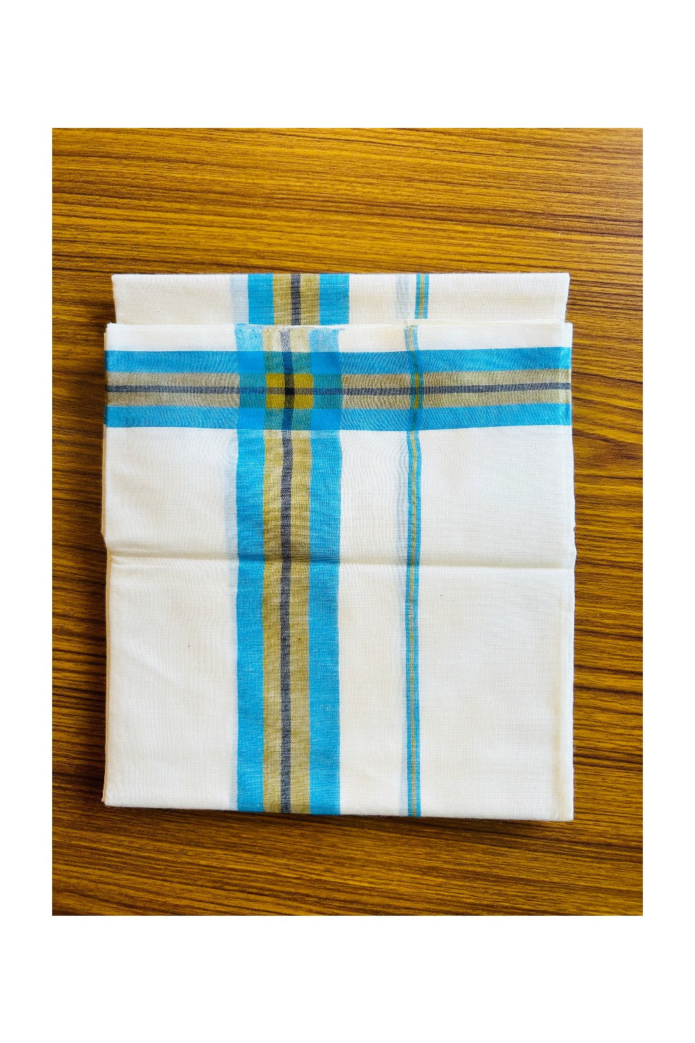 16% Discount!! KaithariKada - Kerala Cotton SINGLE SET MUND FOR WOMEN -  Blue & Mustard Yellow Kara - 14KK301VIN