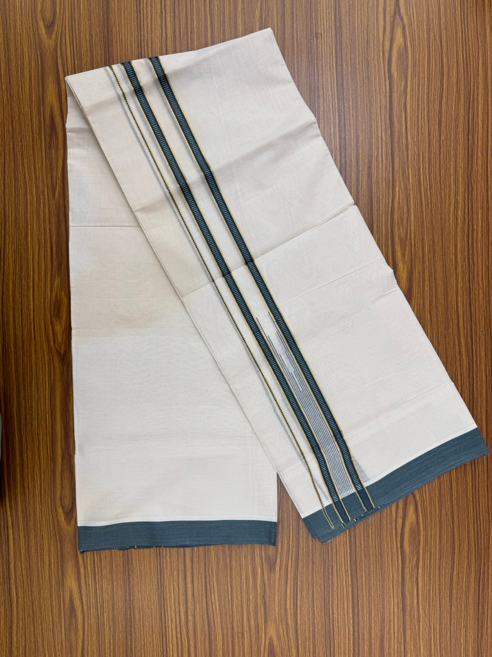 19% Discount! KaithariKada Balaramapuram 100% Cotton Off white Double Mundu/Dhoti - (100x80)s - 1.5 inch Puliyilakkara Navy Blue Green Mix Stripes Chutty Gold Kasav - 140 KK5258 THI