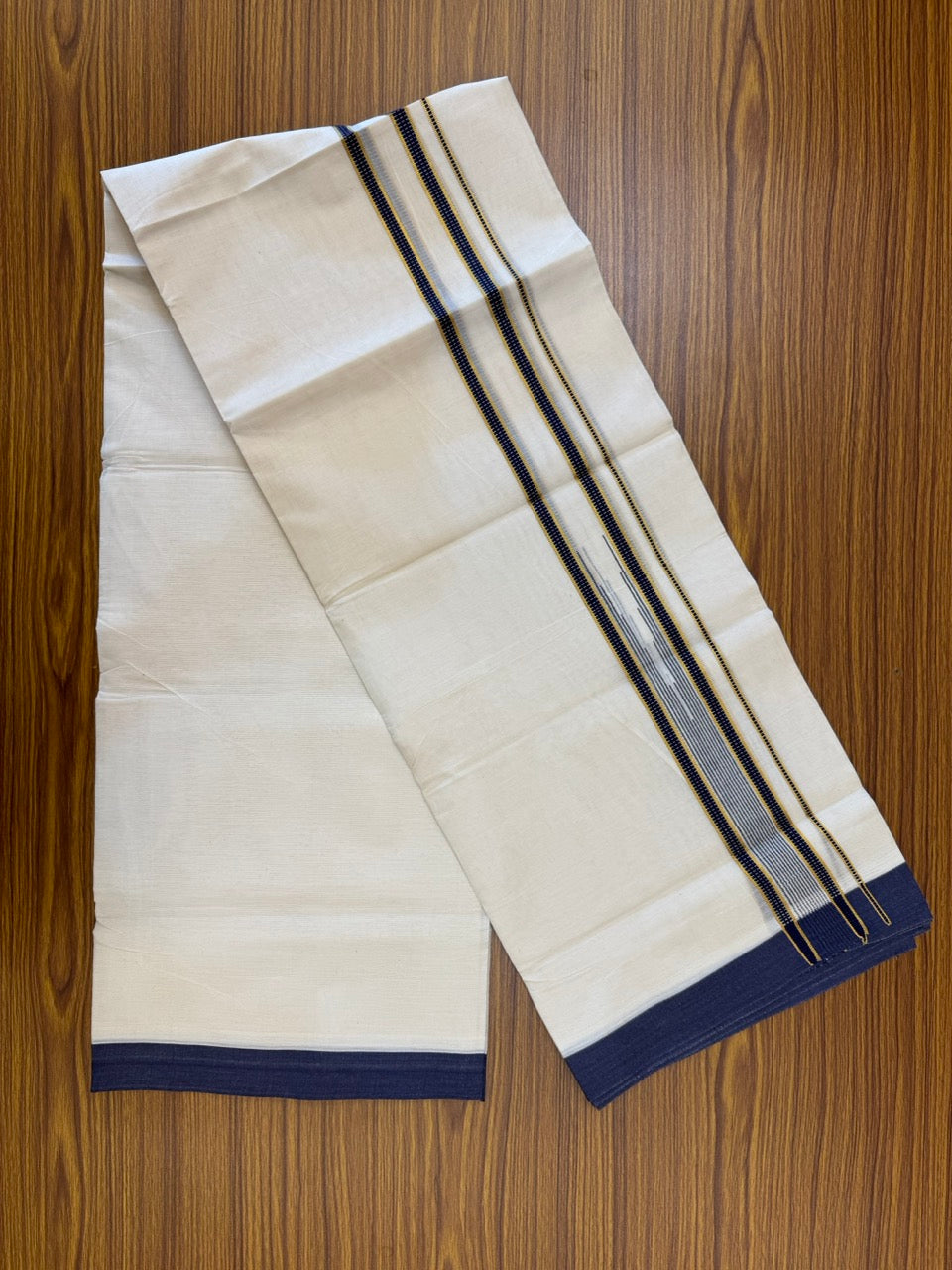 19% Discount! KaithariKada Balaramapuram 100% Cotton Off white Double Mundu/Dhoti - (100x80)s - 1.5 inch Puliyilakkara Navy Blue Stripes Chutty Gold Kasav - 142 KK5258 THI