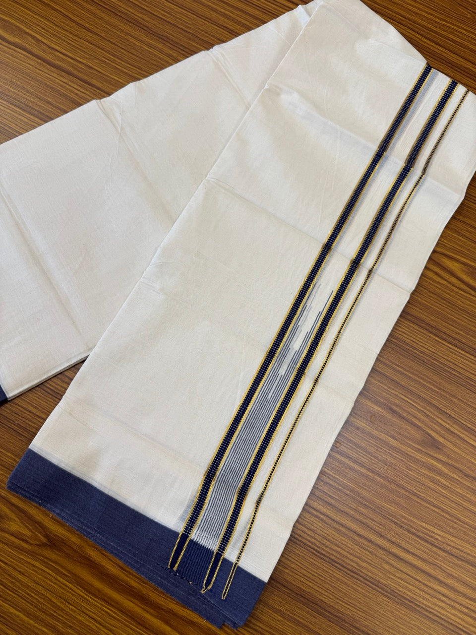 19% Discount! KaithariKada Balaramapuram 100% Cotton Off white Double Mundu/Dhoti - (100x80)s - 1.5 inch Puliyilakkara Navy Blue Stripes Chutty Gold Kasav - 142 KK5258 THI