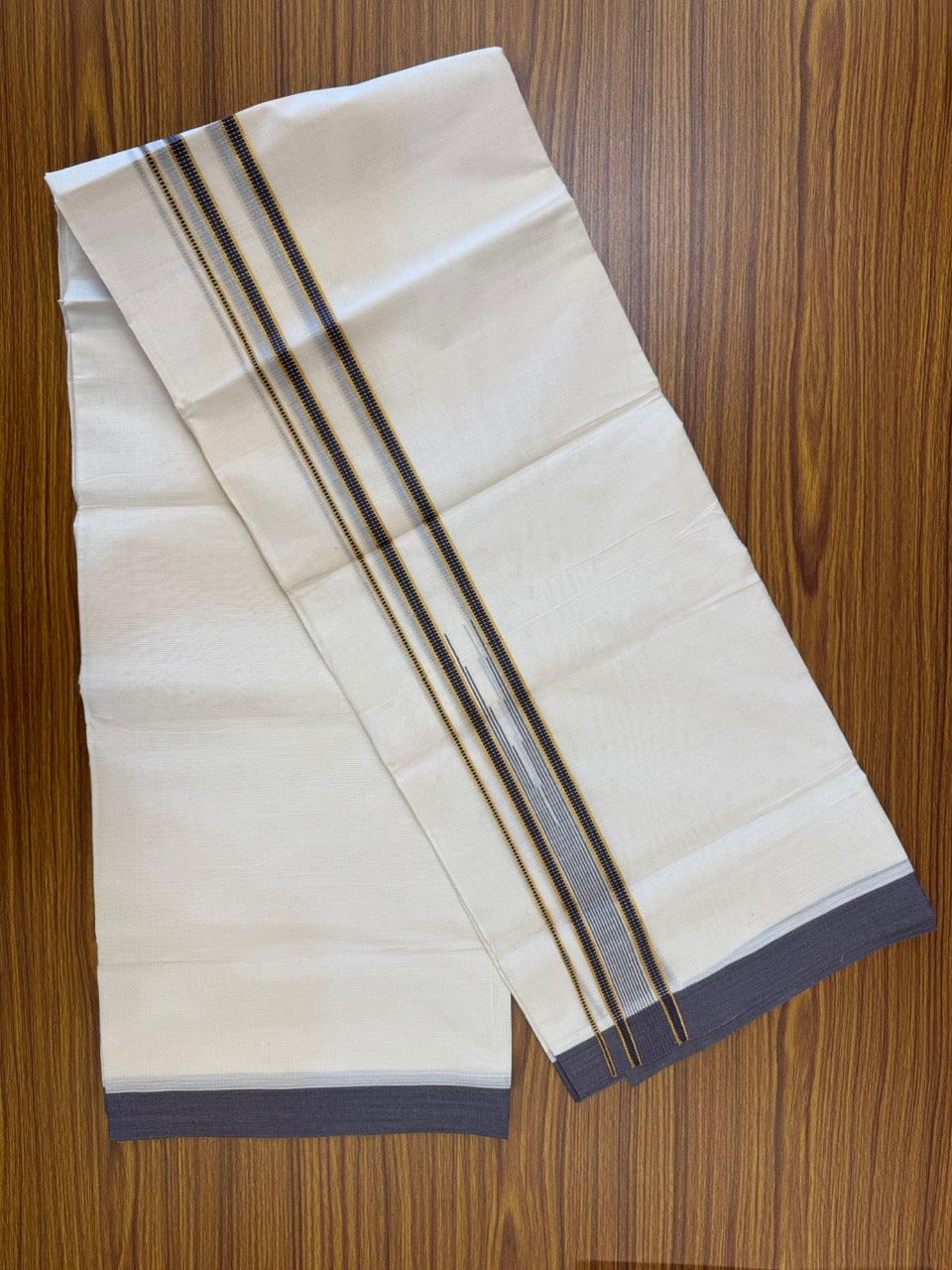 19% Discount! KaithariKada Balaramapuram 100% Cotton Off white Double Mundu/Dhoti - (100x80)s - 1.5 inch Puliyilakkara Dark Violet Stripes Chutty Gold Kasav - 141 KK5258 THI