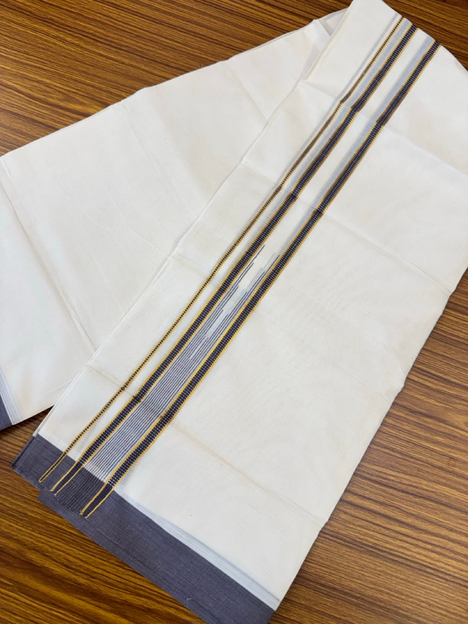 19% Discount! KaithariKada Balaramapuram 100% Cotton Off white Double Mundu/Dhoti - (100x80)s - 1.5 inch Puliyilakkara Dark Violet Stripes Chutty Gold Kasav - 141 KK5258 THI