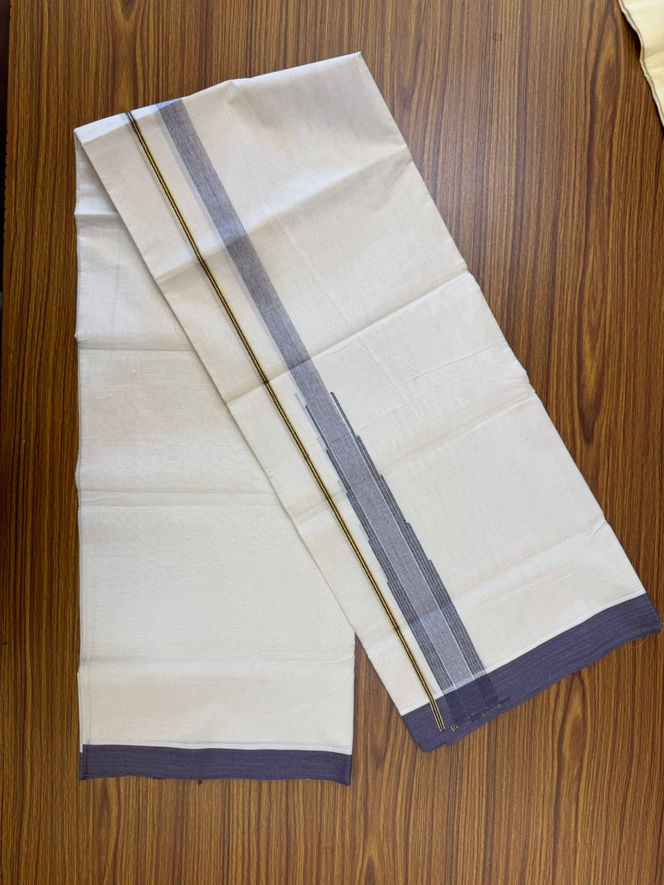 18% Discount! KaithariKada Balaramapuram 100% Cotton Off white Double Mundu/Dhoti - (100x80)s - 1.5 inch Puliyilakkara Lavender Violet Stripes Chutty Gold Kasav - 146 KK5258 THI