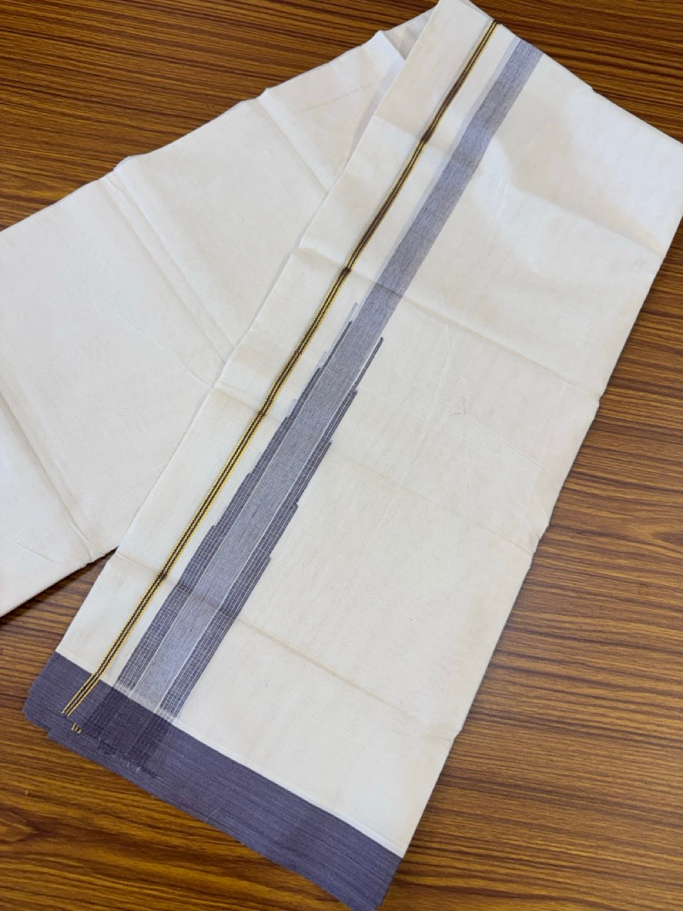 18% Discount! KaithariKada Balaramapuram 100% Cotton Off white Double Mundu/Dhoti - (100x80)s - 1.5 inch Puliyilakkara Lavender Violet Stripes Chutty Gold Kasav - 146 KK5258 THI
