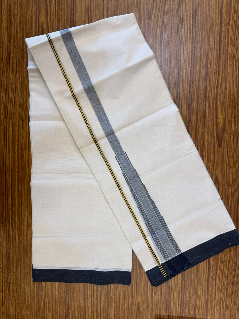 18% Discount! KaithariKada Balaramapuram 100% Cotton Off white Double Mundu/Dhoti - (100x80)s - 1.5 inch Puliyilakkara Black Stripes Chutty Gold Kasav - 147 KK5258 THI