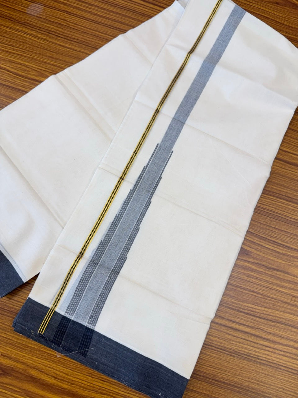 18% Discount! KaithariKada Balaramapuram 100% Cotton Off white Double Mundu/Dhoti - (100x80)s - 1.5 inch Puliyilakkara Black Stripes Chutty Gold Kasav - 147 KK5258 THI