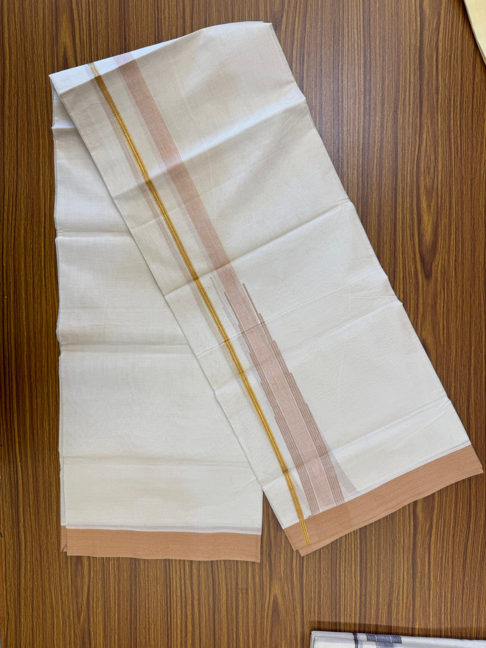 18% Discount! KaithariKada Balaramapuram 100% Cotton Off white Double Mundu/Dhoti - (100x80)s - 1.5 inch Puliyilakkara Peach Brown Stripes Chutty Gold Kasav - 148 KK5258 THI