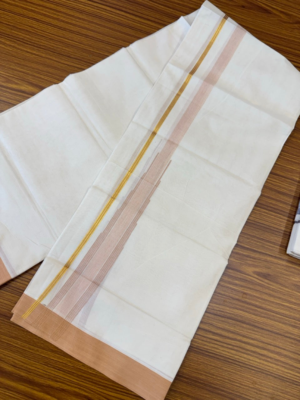 18% Discount! KaithariKada Balaramapuram 100% Cotton Off white Double Mundu/Dhoti - (100x80)s - 1.5 inch Puliyilakkara Peach Brown Stripes Chutty Gold Kasav - 148 KK5258 THI
