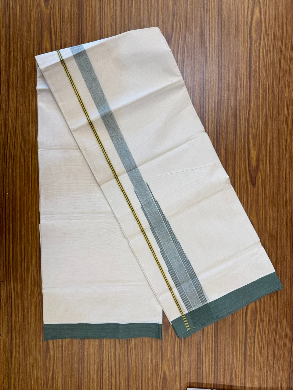 18% Discount! KaithariKada Balaramapuram 100% Cotton Off white Double Mundu/Dhoti - (100x80)s - 1.5 inch Puliyilakkara Military Green Stripes Chutty Gold Kasav - 149 KK5258 THI