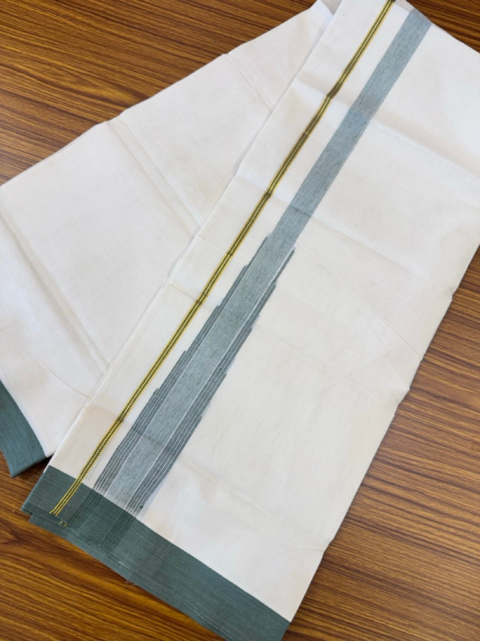 18% Discount! KaithariKada Balaramapuram 100% Cotton Off white Double Mundu/Dhoti - (100x80)s - 1.5 inch Puliyilakkara Military Green Stripes Chutty Gold Kasav - 149 KK5258 THI