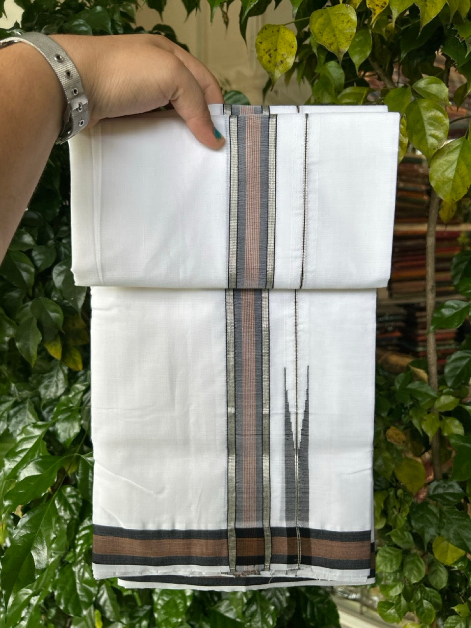 25% Discount!! NEW ULTRA PURE WHITE THREAD HANDLOOM Balaramapuram - 100% MERCERISED Cotton Double Mundu/Dhoti - 120 twisted warp x 80s weft - Brown Black Stripes Silver Kasav Chutty Kara- 15KK5248 REA