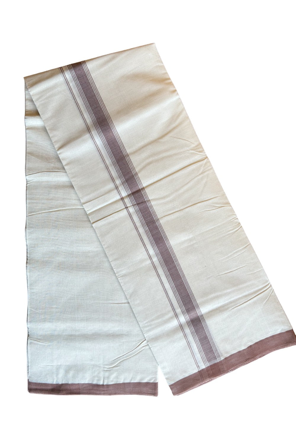 30% DISCOUNT!! KaithariKada HANDLOOM Millpaav Balaramapuram - 100% PURE Cotton OFF White - (Unbleached) Double Mundu/Dothi - 1.75 inch Dark Brown white stripes mulloth kara - 15KK462RAM