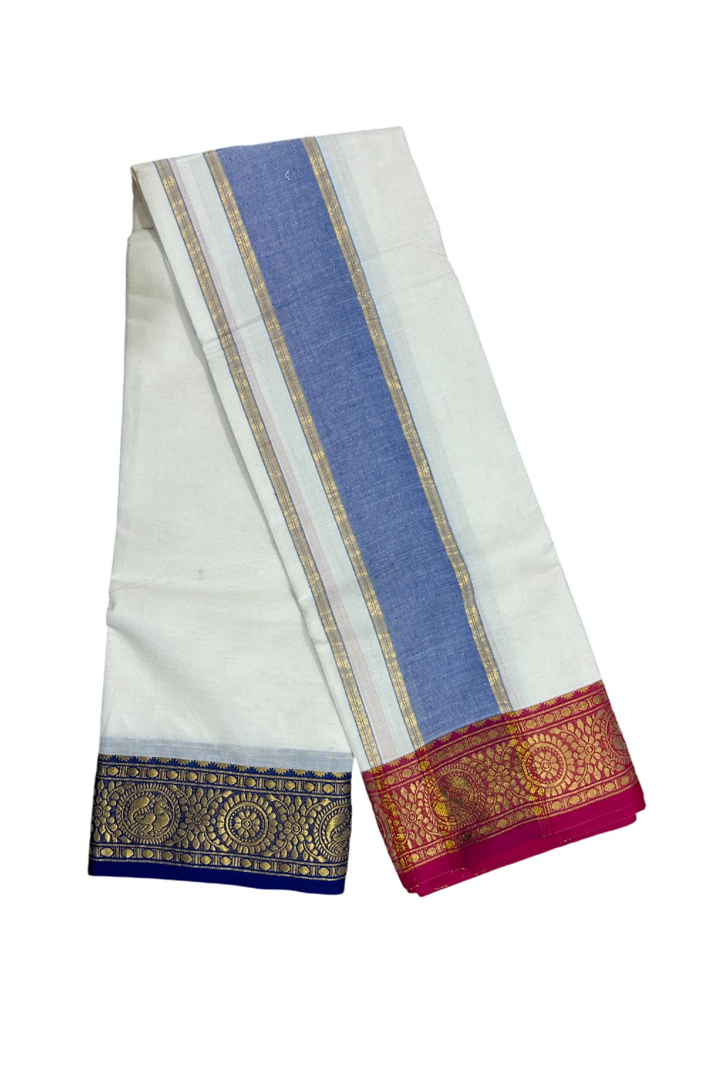 36% DISCOUNT! KaithariKada Cotton Mix -80x80 thread -80% Cotton & 20% Polyester - Off White - (Unbleached) -NORTH INDIAN - ATTACHED GAMCHA 9X5 Dhoti 5 inch Dark Blue kara with Pink & Blue Kasavu border - 15KK5005PMC